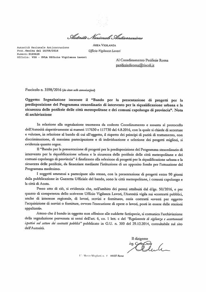 Comunicazione ANAC su Bando Periferie