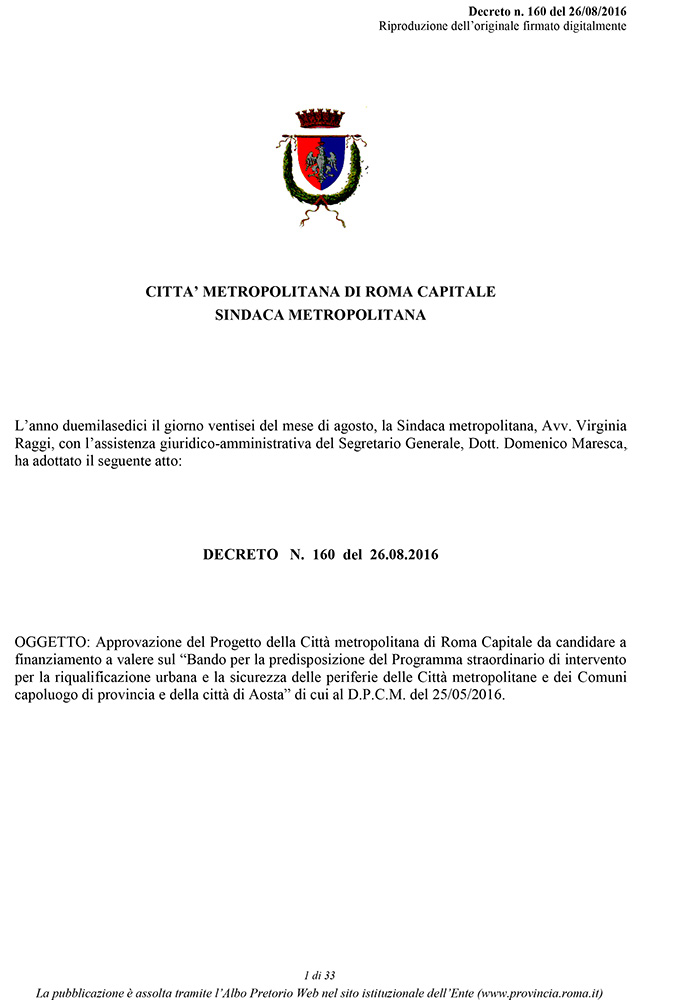 Progetto della Città metropolitana di Roma Capitale da candidare a finanziamento a valere sul Bando per la predisposizione del Programma straordinario di intervento per la riqualificazione urbana e la sicurezza delle periferie