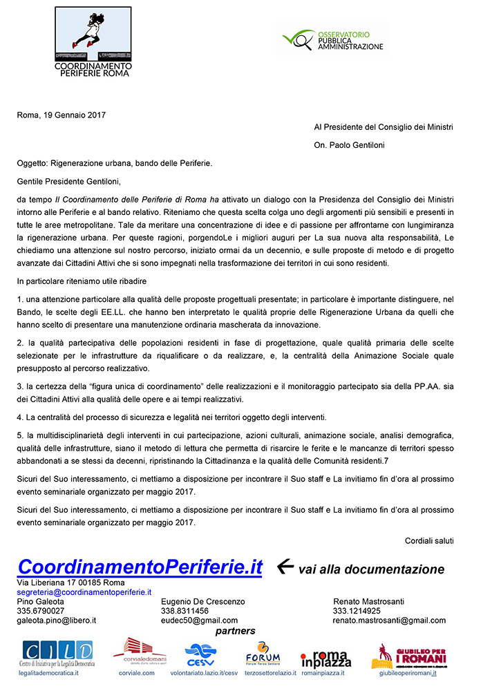Lettera al Presidente del Consiglio dei Ministri On. Paolo Gentiloni su Rigenerazione urbana, bando delle Periferie