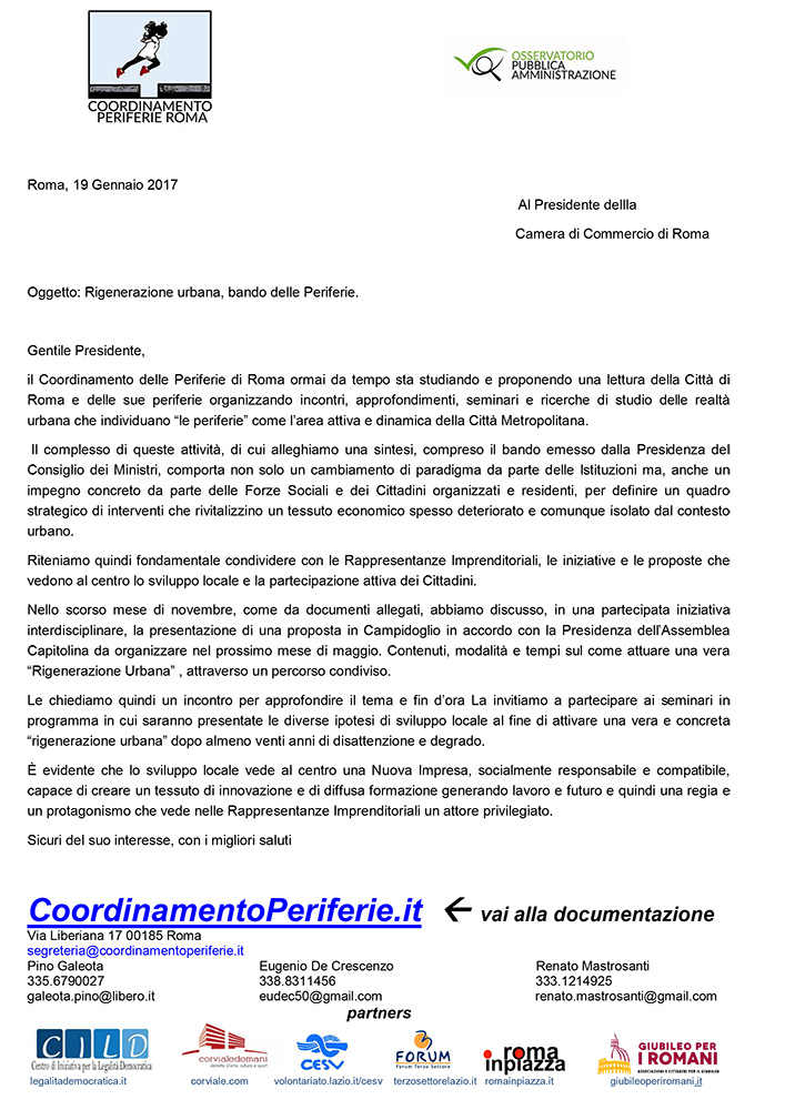 Lettera al Presidente della Camera di Commercio di Roma