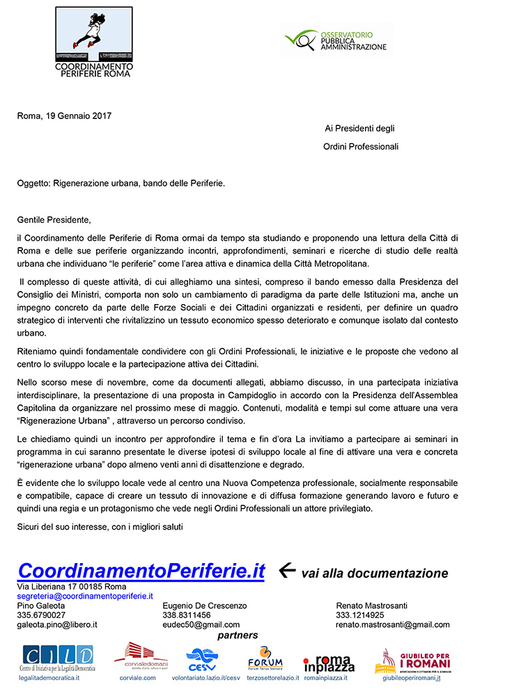 Lettera ai Presidenti degli Ordini Professionali