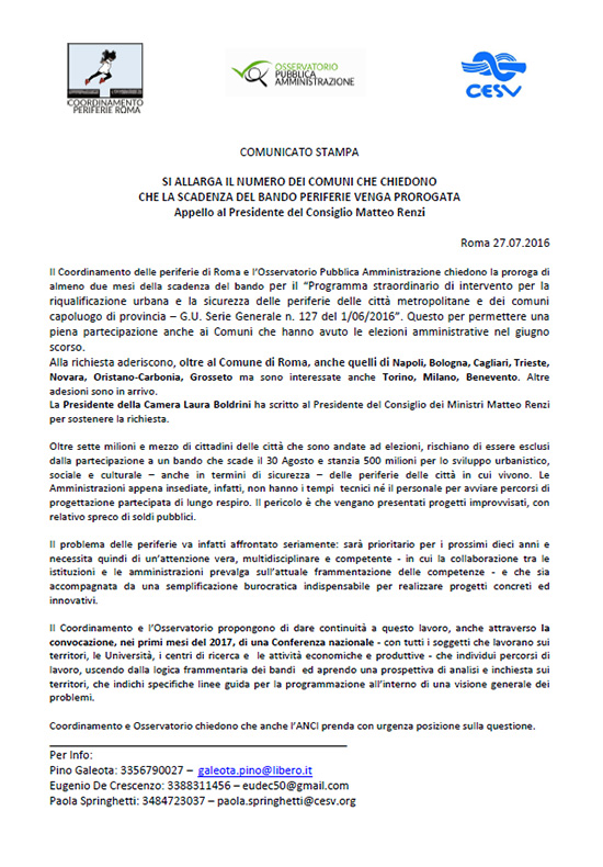 Il Comunicato Stampa del Coordinamento Periferie