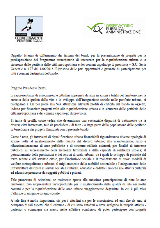 Istanza del Coordinamento Periferie di Roma