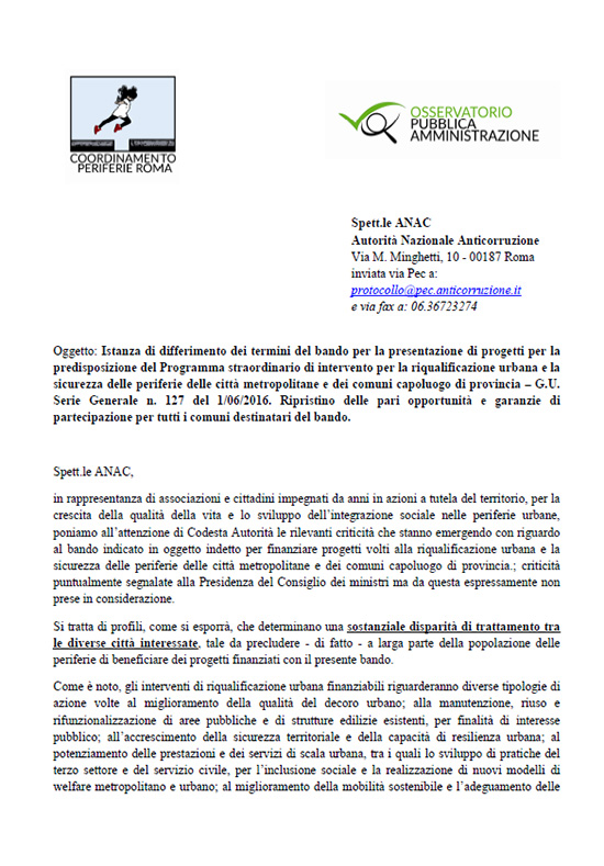 Lettera del Coordinamento delle Periferie all'ANAC su bando periferie