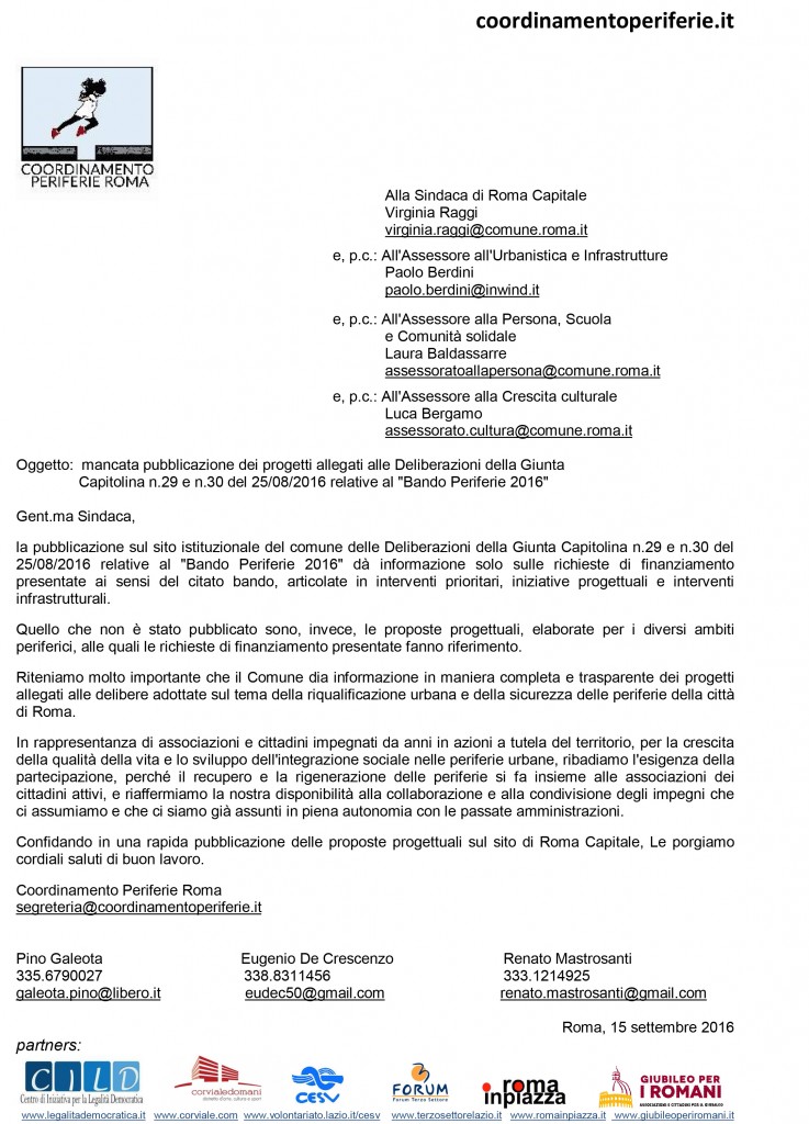 Lettera del Coordinamento Periferie alla Sindaca di Roma Capitale sulla mancata pubblicazione dei progetti allegati alle Deliberazioni della Giunta Capitolina al "Bando Periferie 2016"