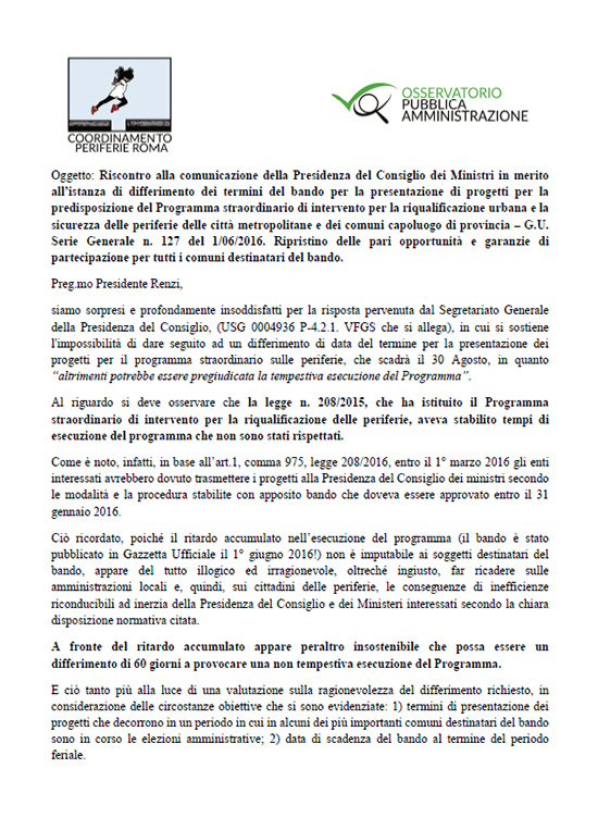 Lettera di risposta del Coordinamento Periferie alla Presidenza del Consiglio