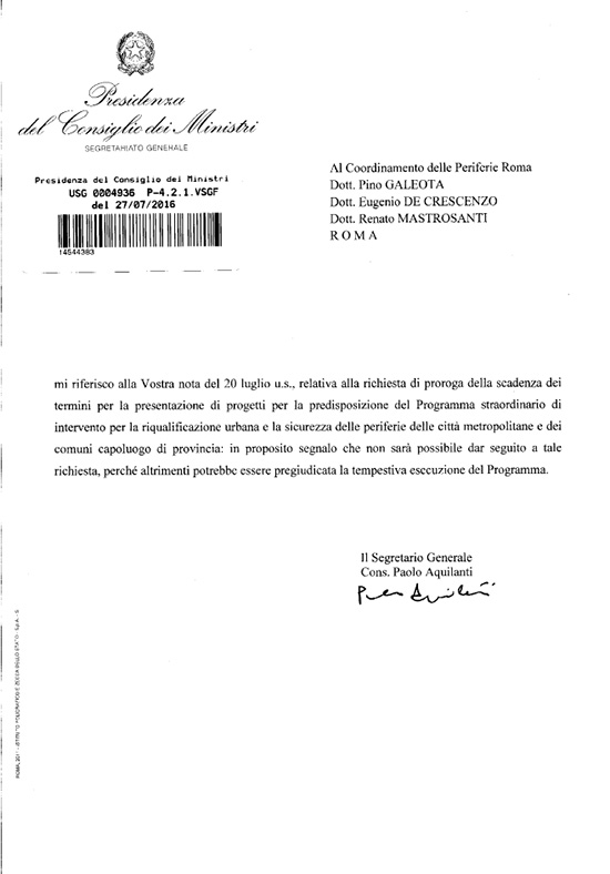 Risposta della Presidenza del Consiglio