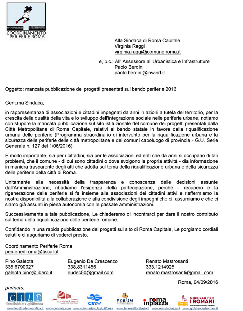 Lettera del Coordinamento Periferie alla Sindaca di Roma Capitale sulla mancata pubblicazione dei progetti presentati sul bando periferie 2016